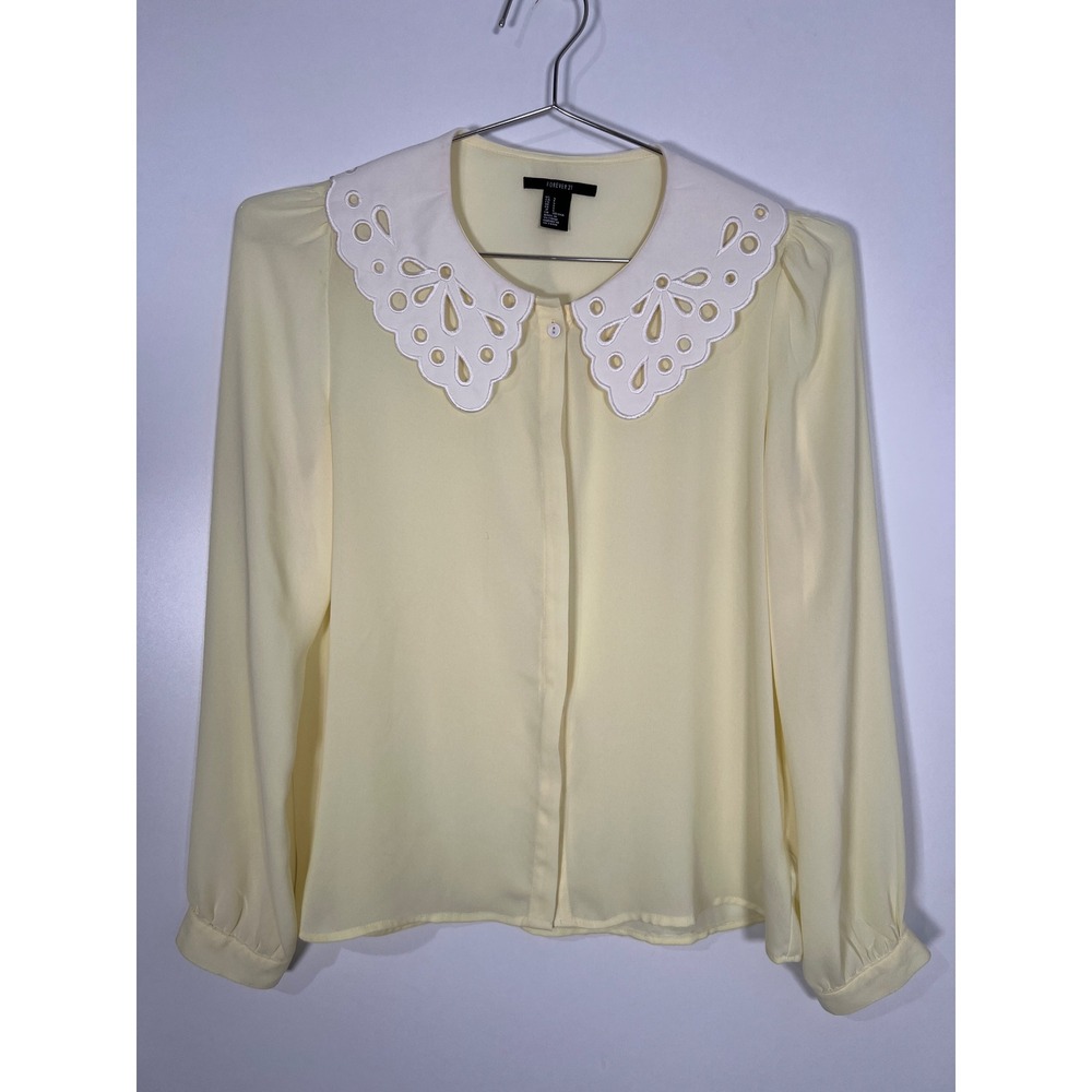 Forever 21 Pastel Yellow Eyelet Contrast Collar Button Front Blouse Preppy Small